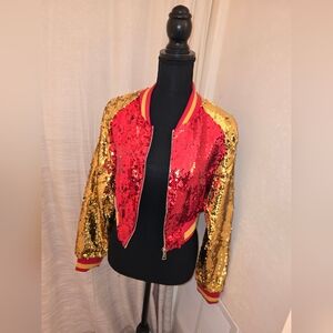 Sequin Bomber Jacket - Red and Gold